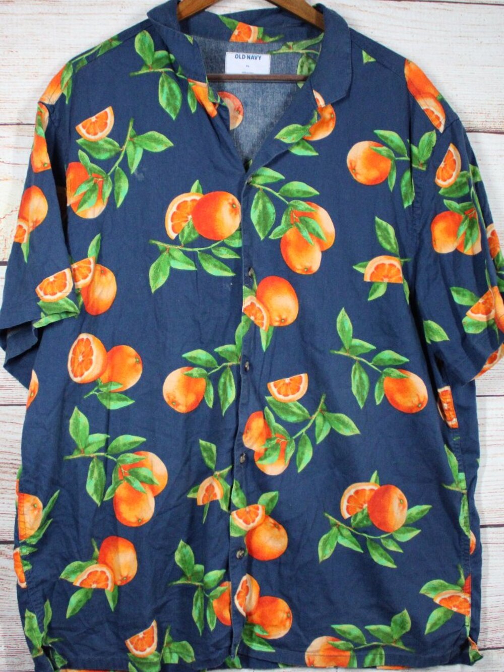 Old Navy Men's XL Hawaiian Shirt Navy Orange Fruit Print Short Sleeve Button Up